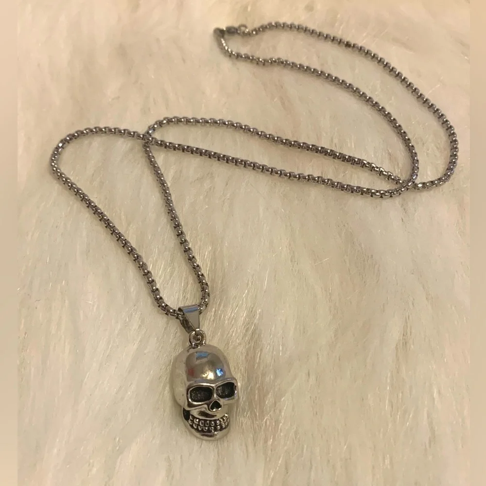 Skull Titanium Steel Silver Necklace Men Pendant Punk Biker Halloween